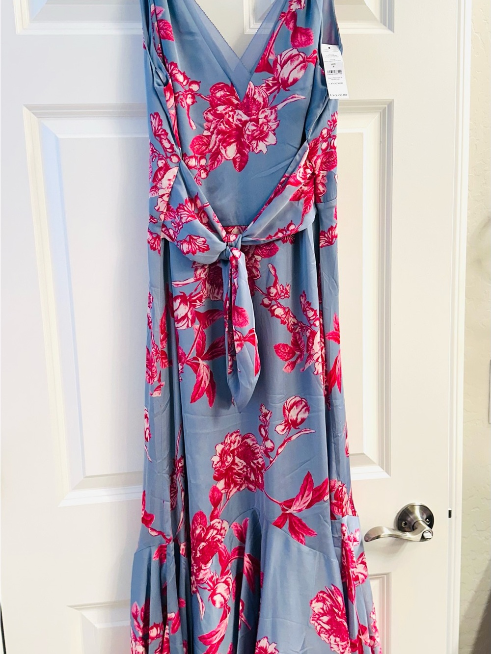 White House Black Market Blue Maxi Dress with Pink Floral Print